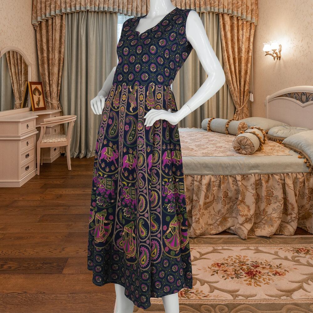 Vintage India Elephant Paisley Dress Boho Chic M
